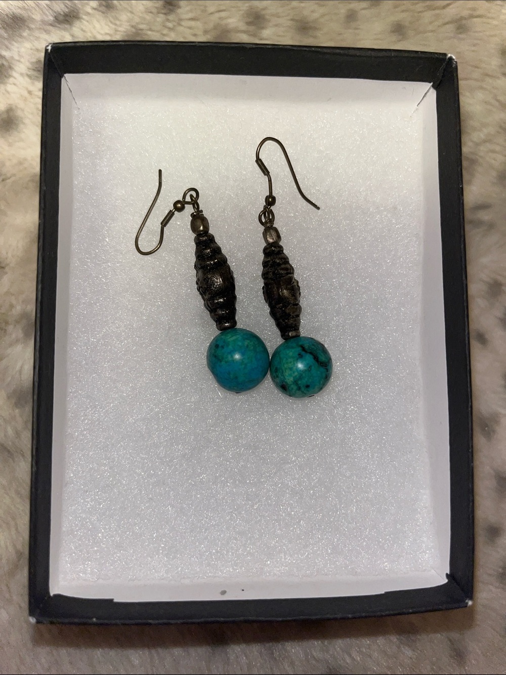 Vintage Turquoise Bead Drop Earrings with Dark Metal Accents - Women Jewelry